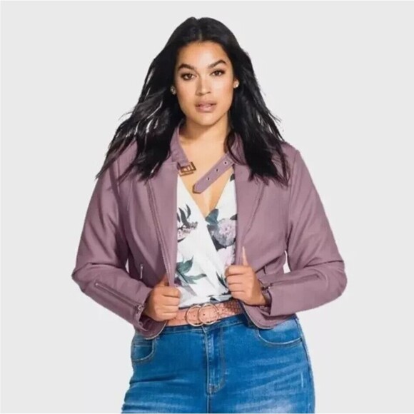 City Chic Cropped Biker Jacket XXL/24 Women's Faux Leather Moto Zip Front buckle - Picture 1 of 12